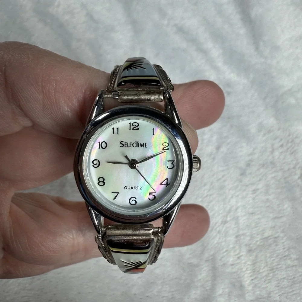 Vintage‎ Zuni Sterling Silver Multi Stone Inlaid Watchband by CM Booqua